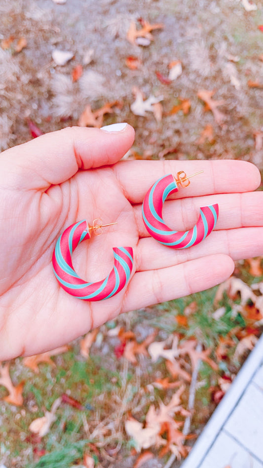 Green and Red Shimmery Candy Cane Hoops