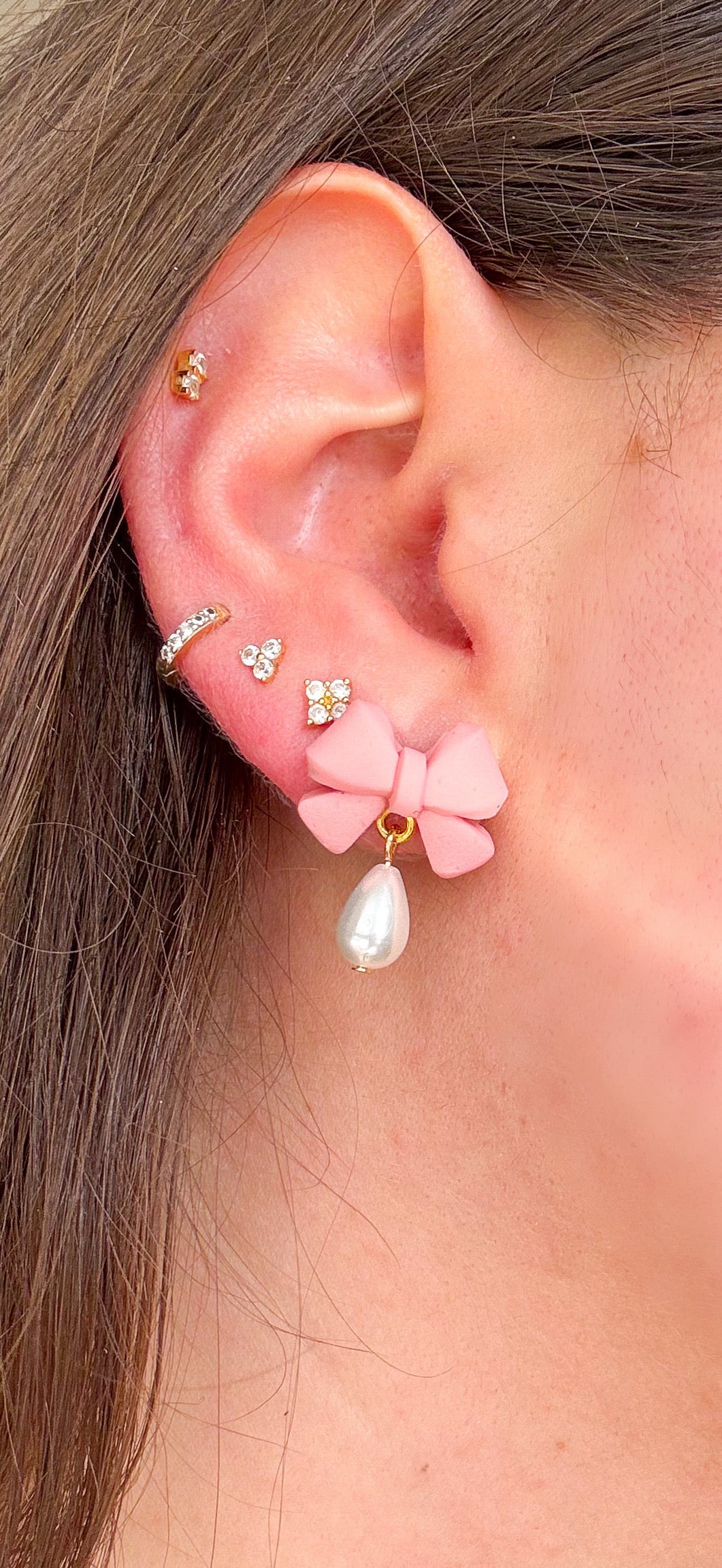 Clay Pink Bow + Pearl Dangles