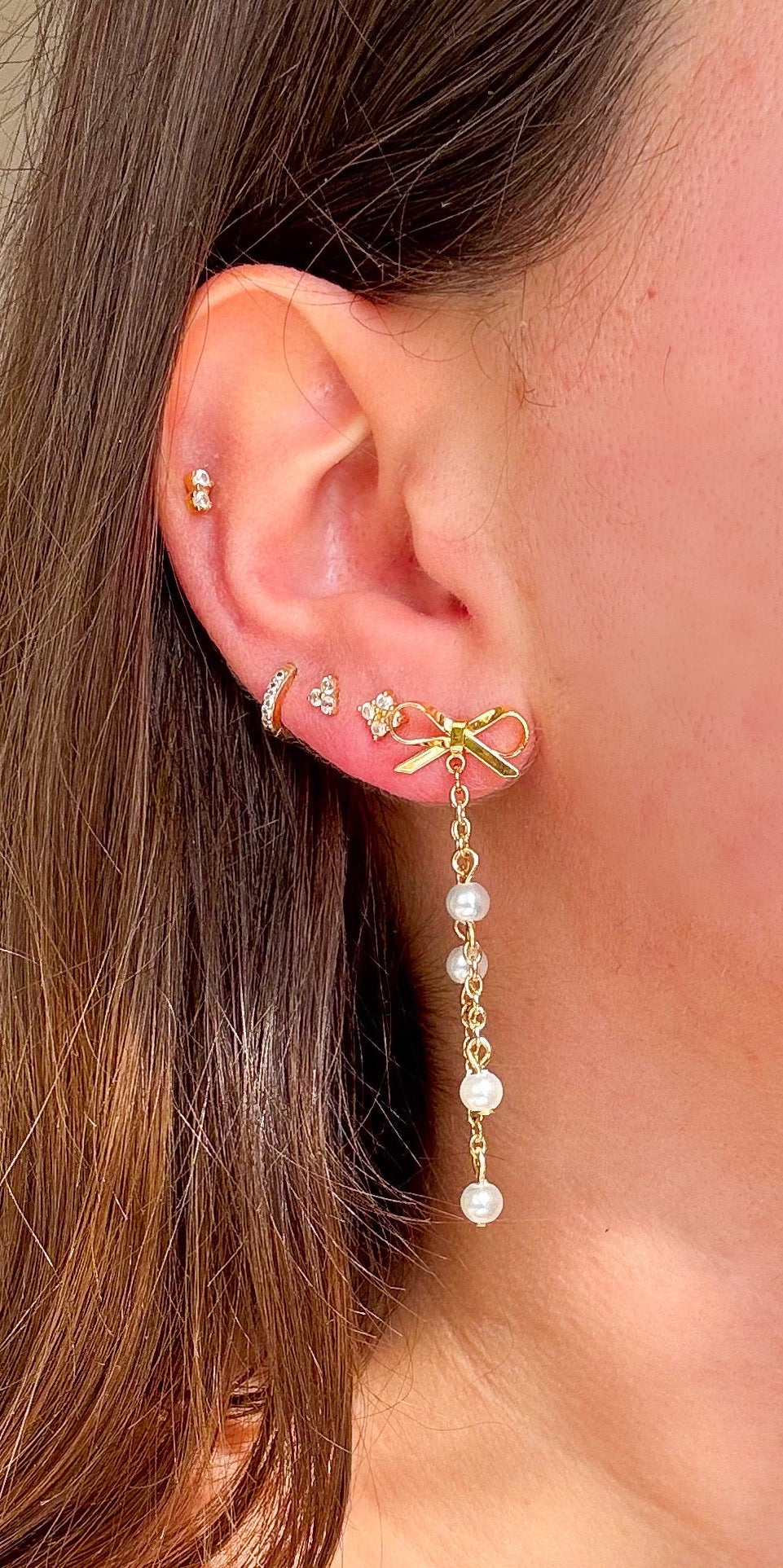 18k Gold Bow + Pearl Dangles