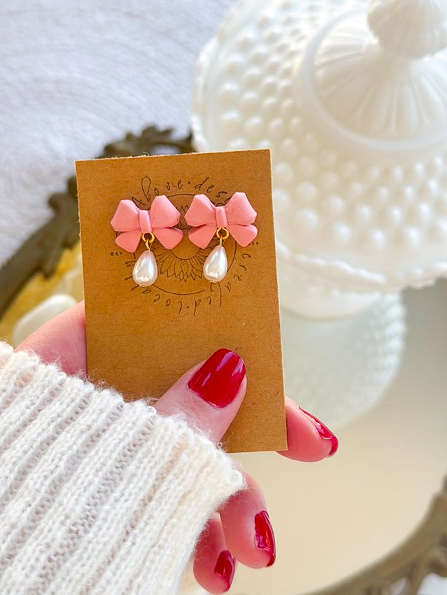 Clay Pink Bow + Pearl Dangles