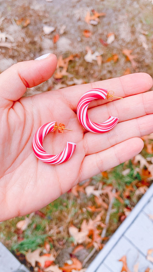 Red and White Shimmery Candy Cane Hoops