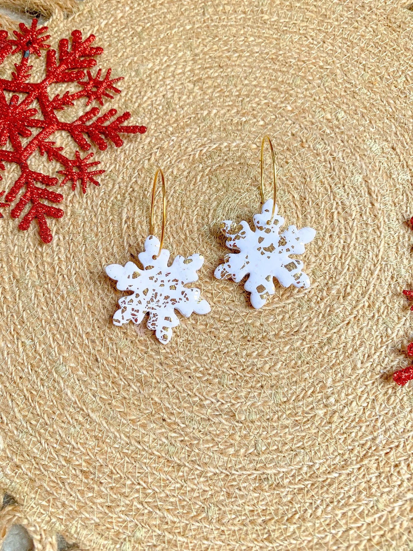 White and Gold Speckled Snowflake Hoops