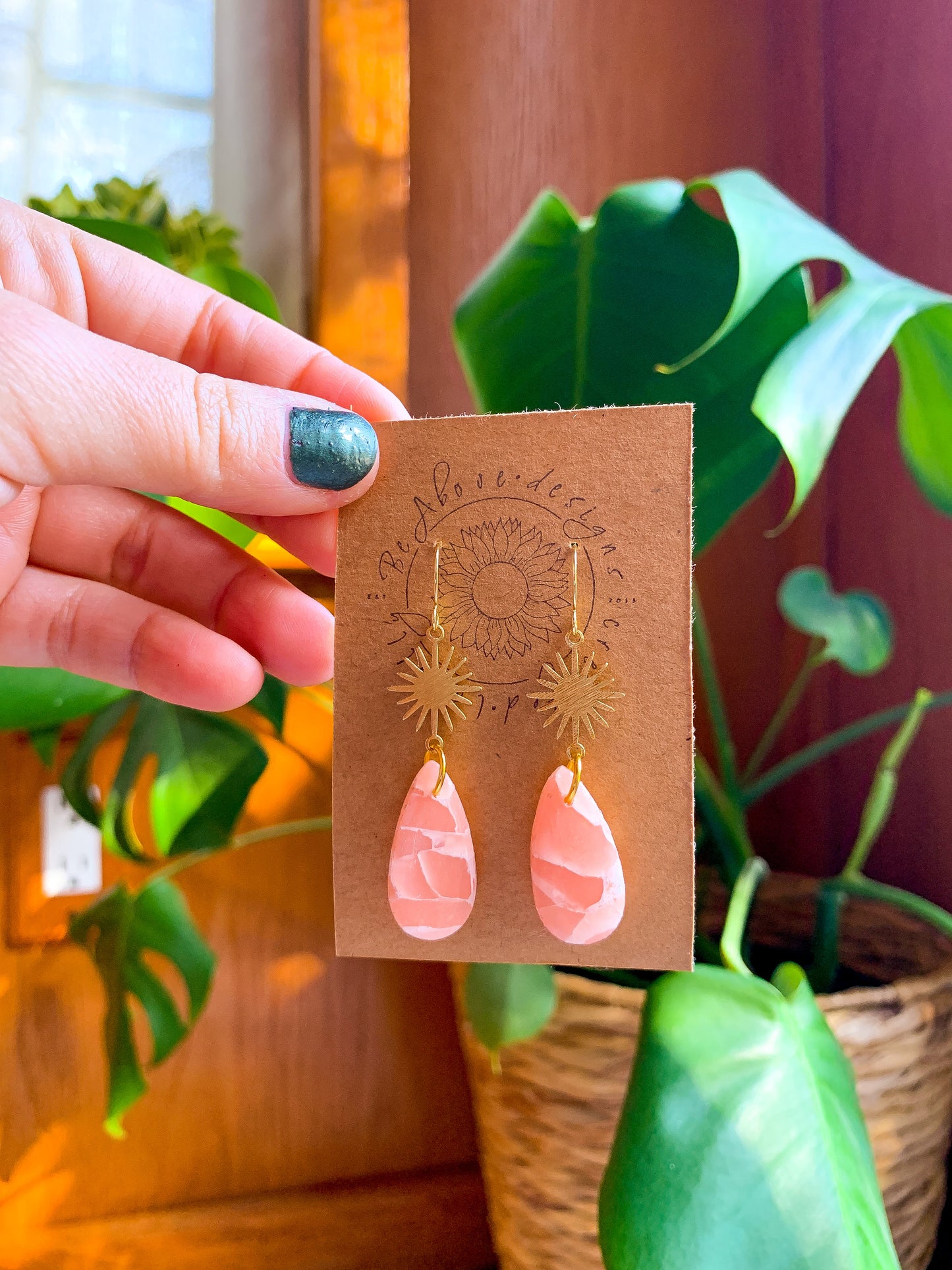 Rose Quartz + Gold Sun Dangles