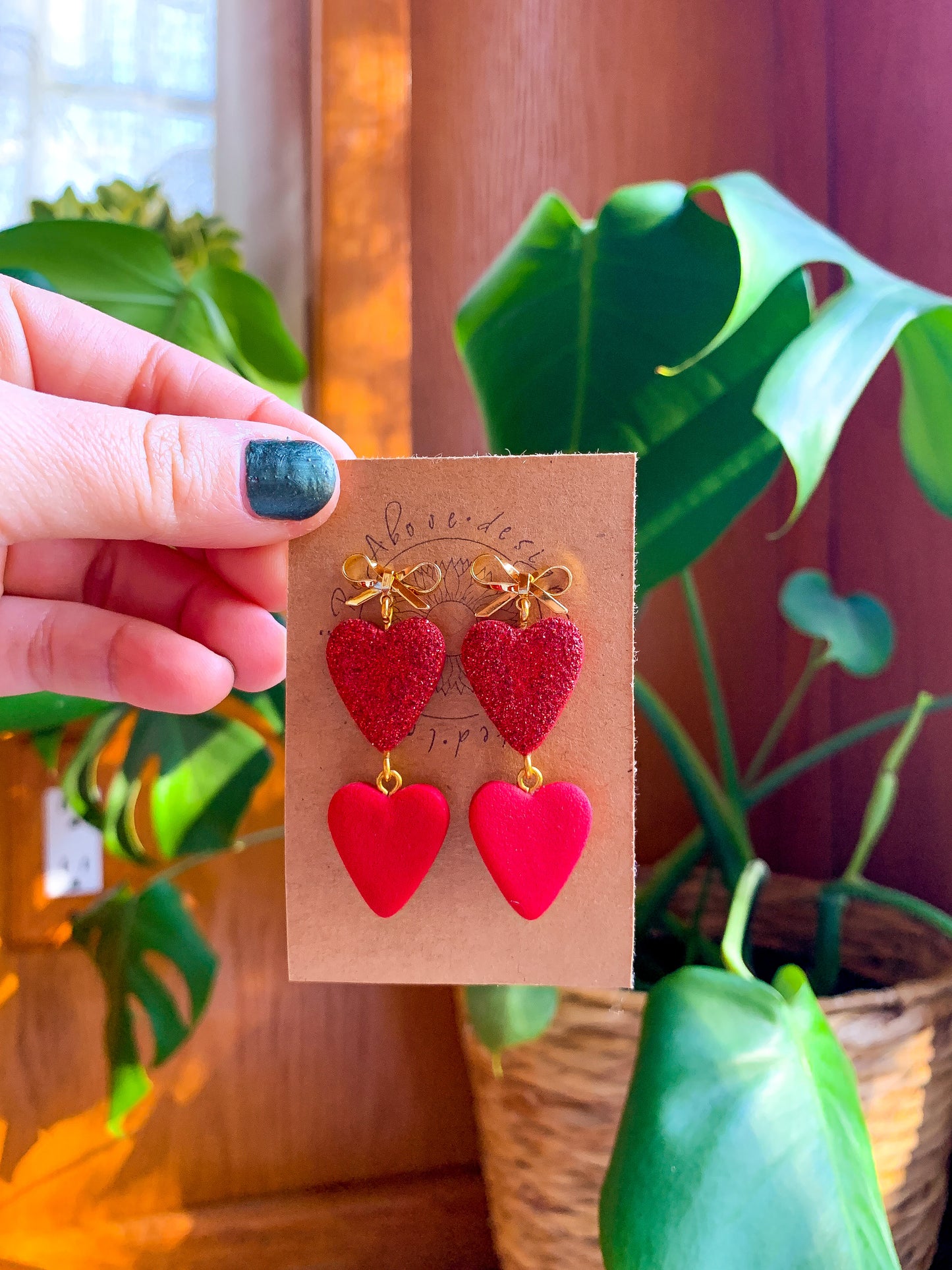 Red Hearts and Gold Bow Dangles