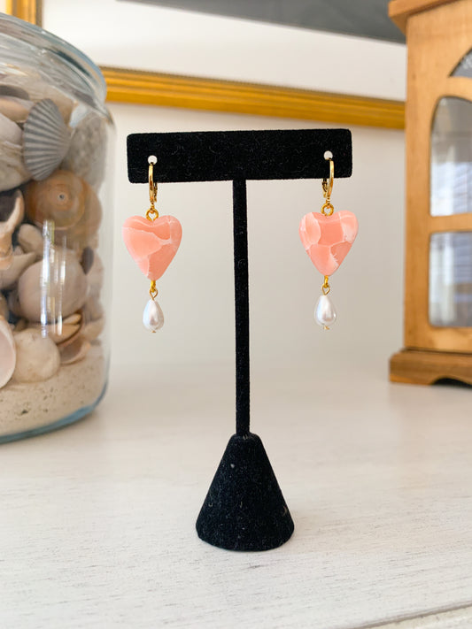 Rose Quartz Heart + Pearl Huggies