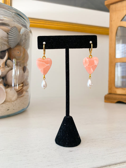 Rose Quartz Heart + Pearl Huggies