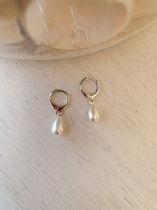 Pearl Huggies in Silver