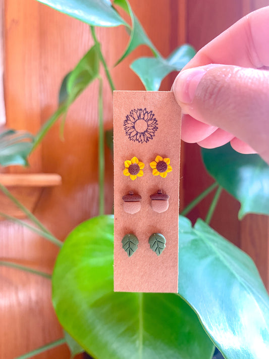 Sunflower, Acorn + Leaf Micro Studs