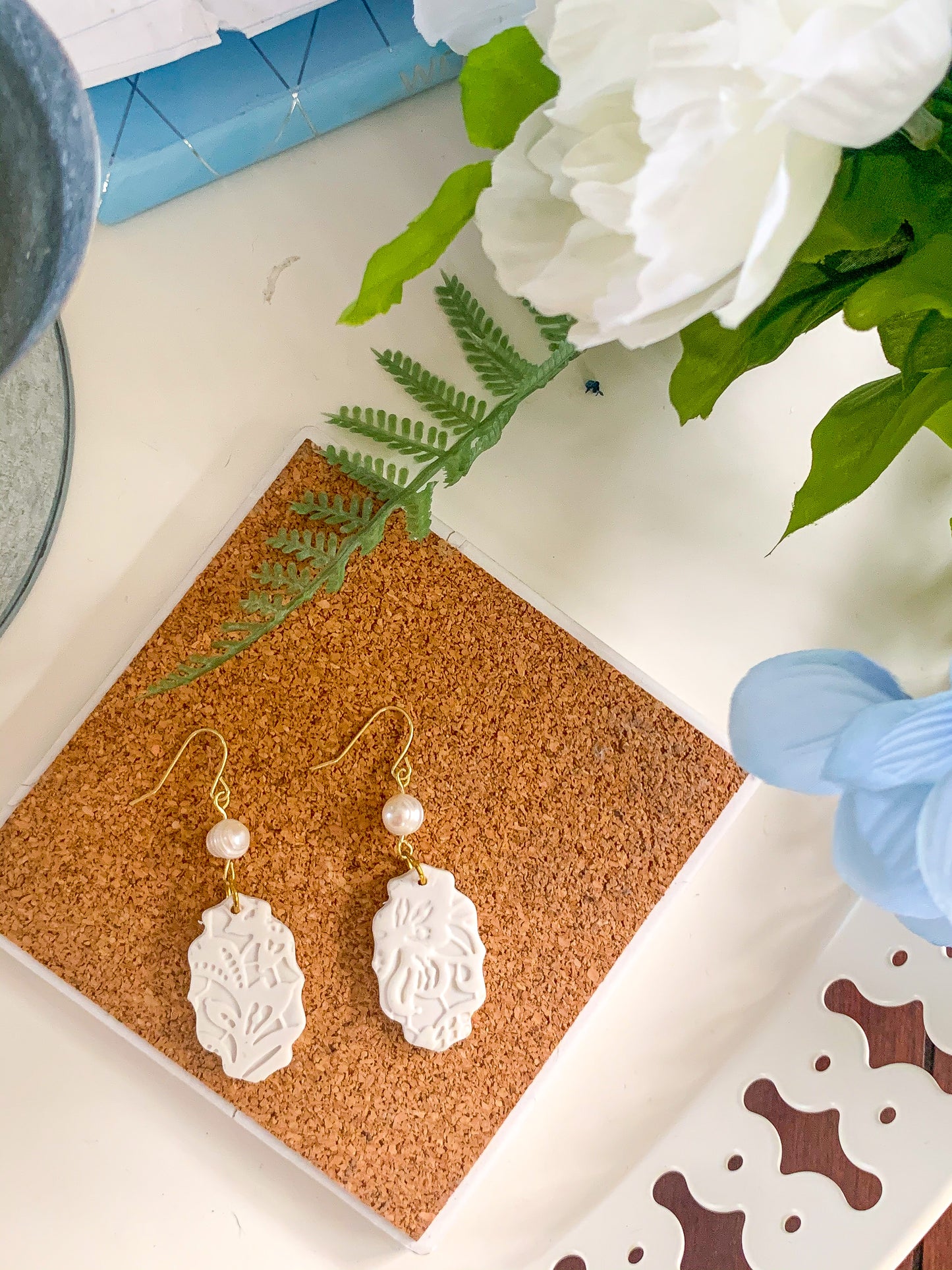 White Lace and Pearl Polymer Clay Earrings