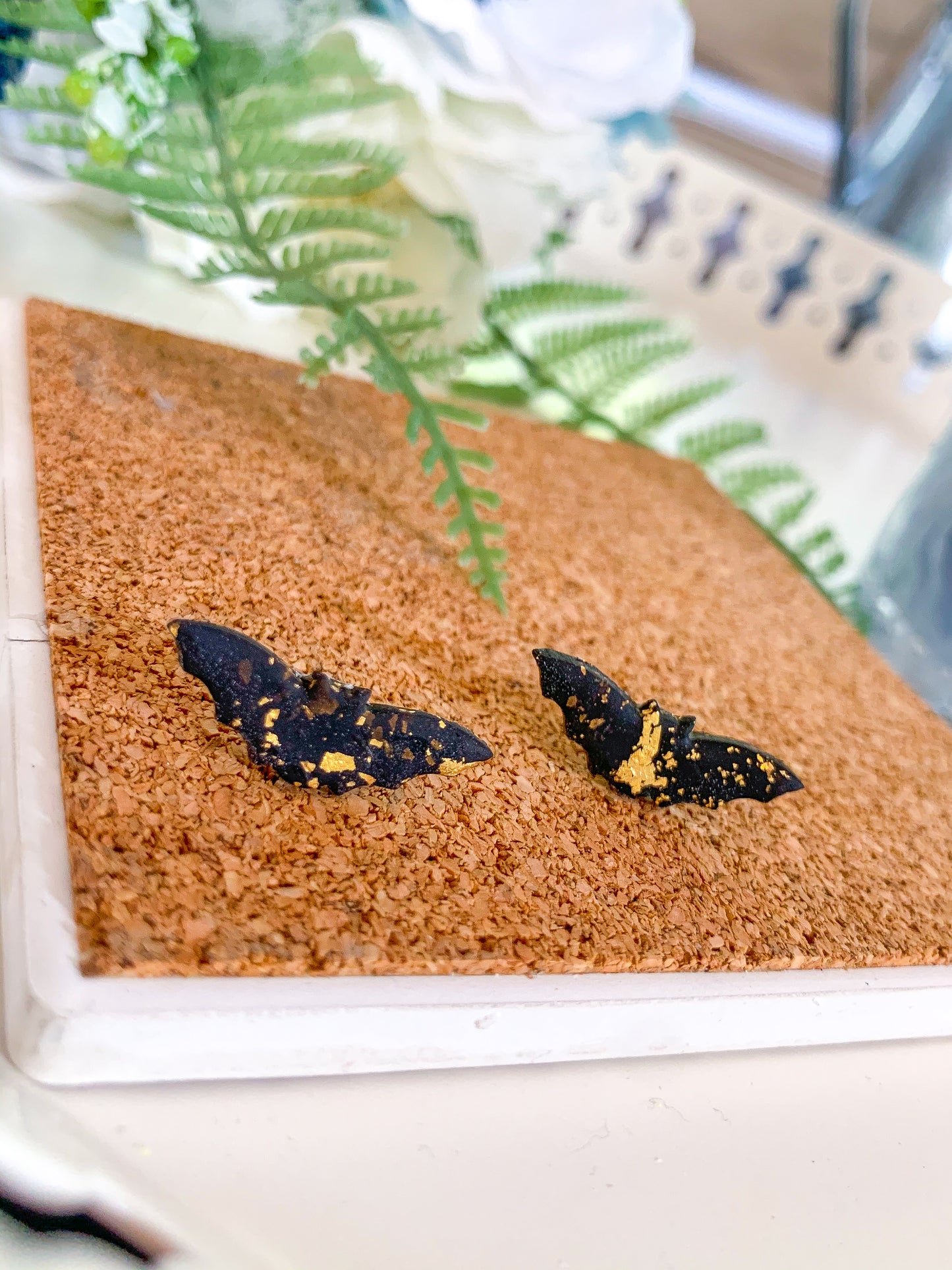 Black Bat Studs with Gold Flakes
