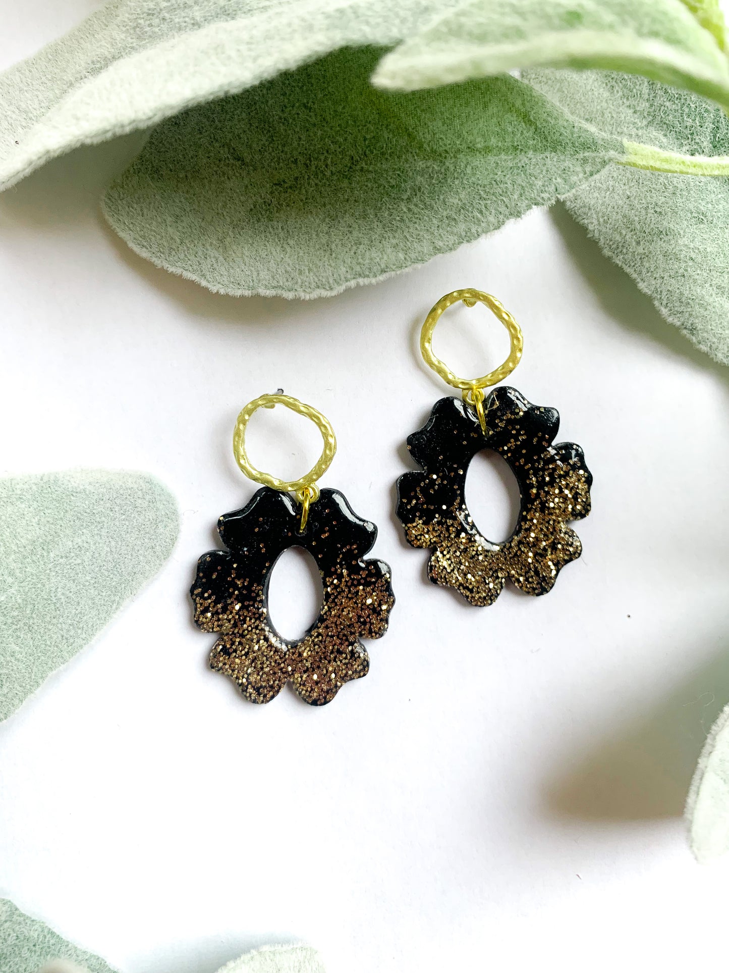 Black and Gold Glitter Floral Dangles